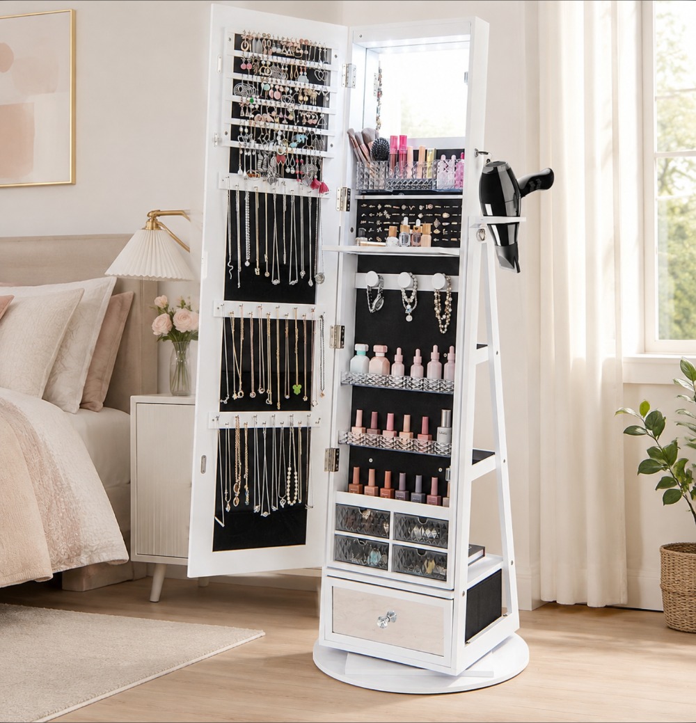 Full Length Mirror Jewelry Armoire - 360 ° Armoire à bijoux pivotante