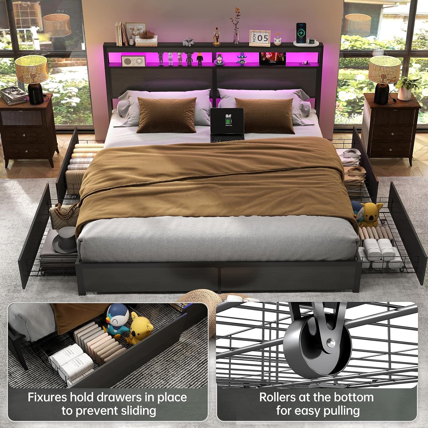 King Size Bed Frame With Storage Drawers - Cadre de lit King Size avec